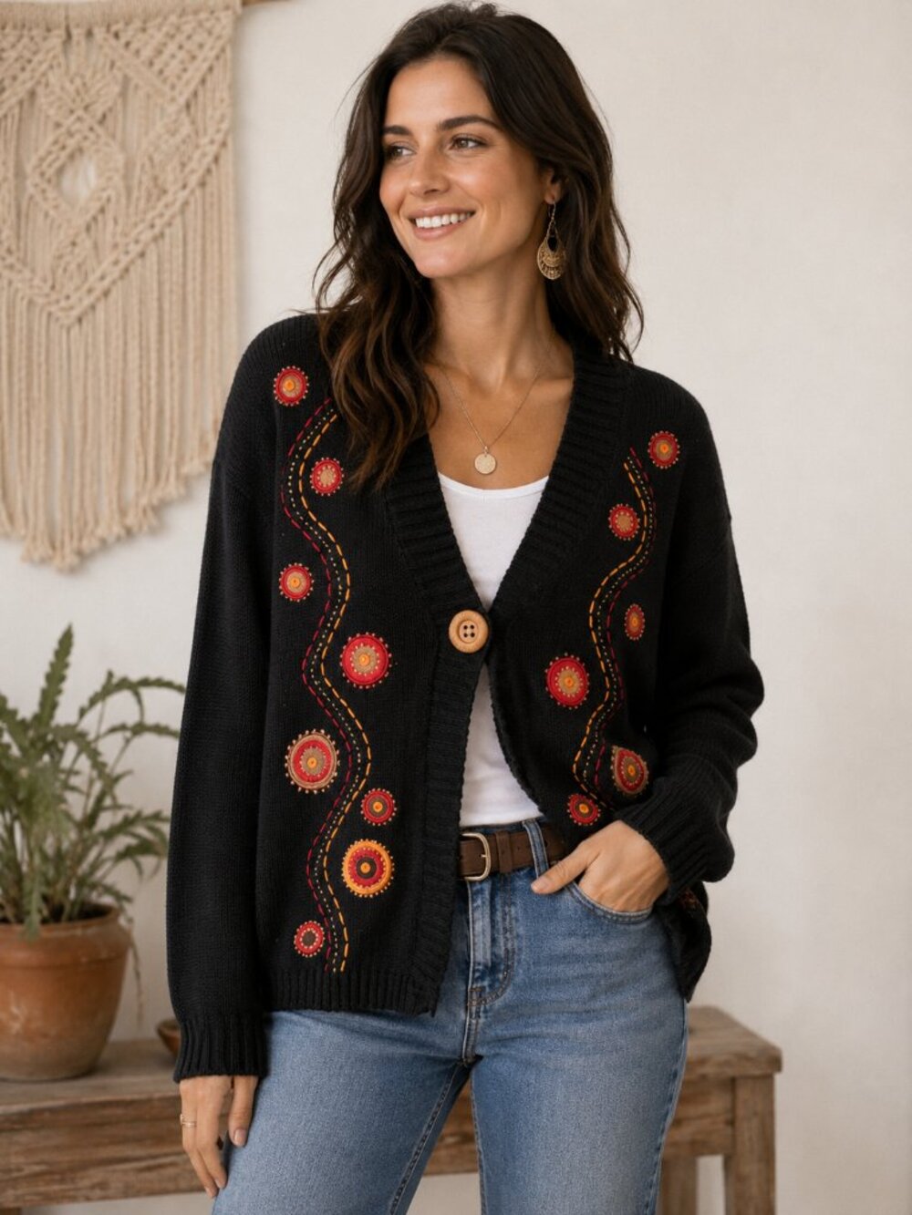 Timberlea Cardigan Sweater Medium Black Embroidered Cotton Ramie Blend Boho